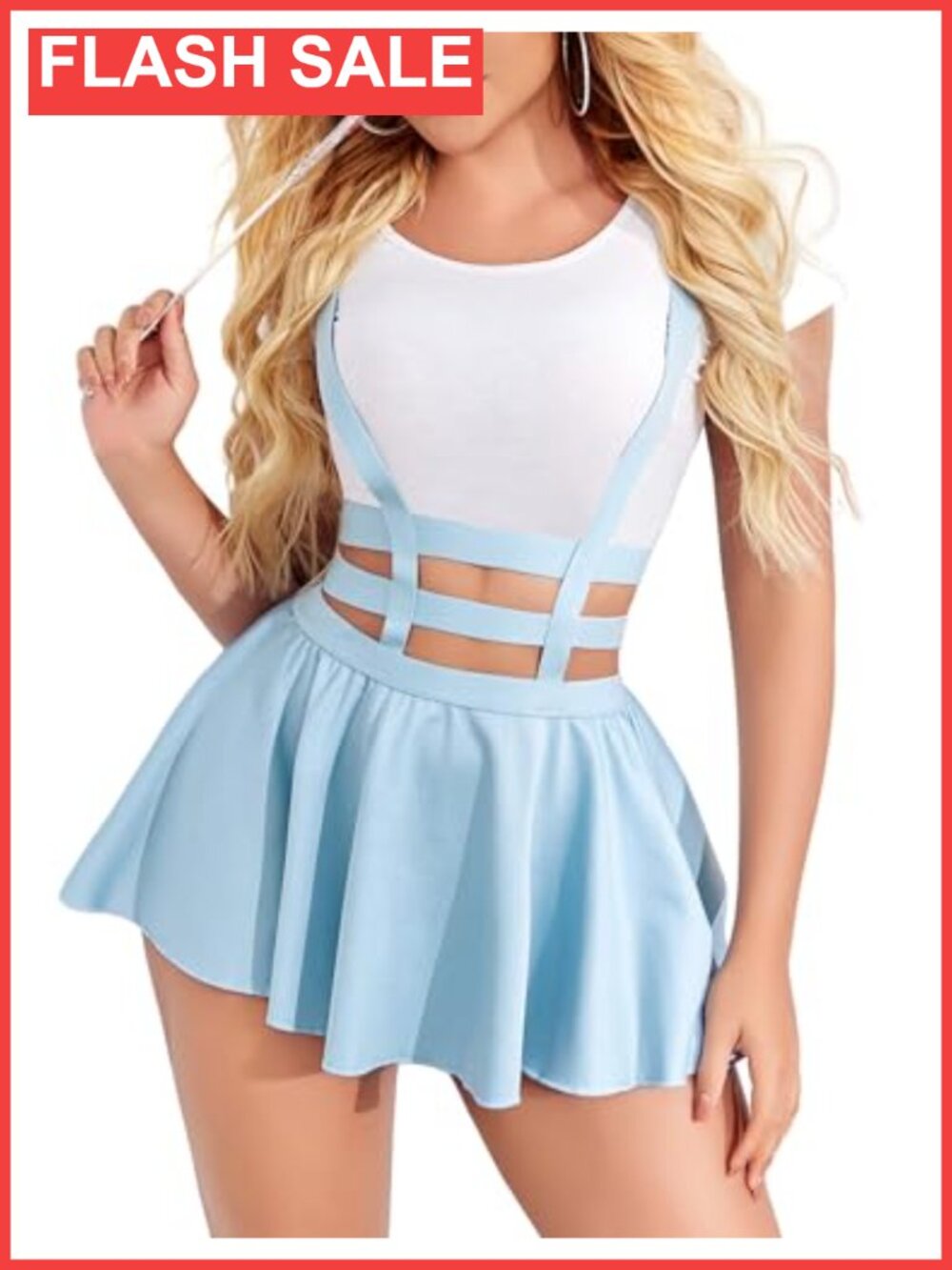 Pleated Suspender Mini Skirt High Waist A-Line Polyester Spandex